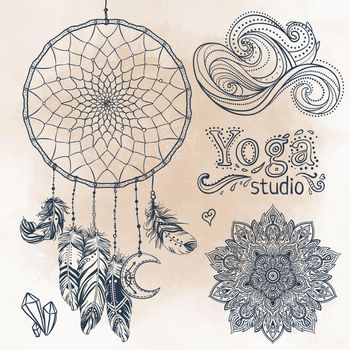 Set of Boho Chic Style Elements. Vector illustration. Tattoo template. Hand drawn clip art of Native American Indian talisman dream catcher. Tribal collection. Hippie design elements.