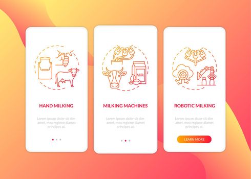 Cow milking red onboarding mobile app page screen with concepts