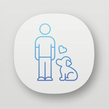 Animals welfare and help app icon. Pup and master. Pet adoption from shelter. Volunteer activity. Man with faithful dog. UI/UX user interface. Web or mobile applications. Vector isolated illustrations