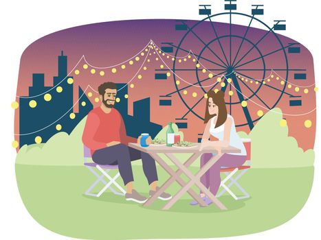 Couple have romantic supper at night fair flat illustration. Boyfriend & girlfriend on picnic cartoon character. Summer festival, amusement city park, funfair outdoor cafe. Ferris wheel on fairground
