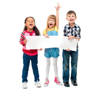 three children with open mouths holding empty sheet of paper