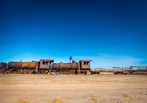 Abandoned railway train graveyard in Uyuni. Bolivia