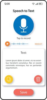 Speech to text transformer smartphone interface vector template. Mobile app page color design layout. Spoken phrases recognizer screen. Flat UI for application. Audio converter phone display