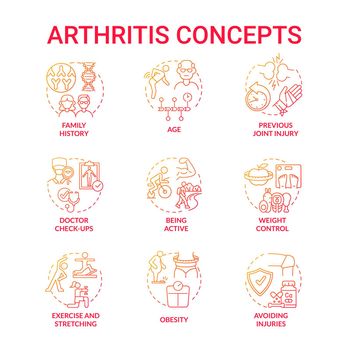 Arthritis red gradient concept icons set