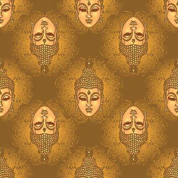 Buddha head seamless pattern. Vintage decorative composition. Indian, Buddhism, Spiritual esoteric , yoga, spirituality. Vector illustration.