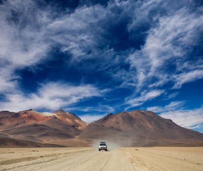 Car riding in Bolivian sunshine landscape