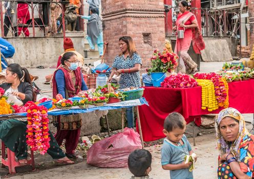 People sell flower necklaces near to Kathmandu Durbar Square