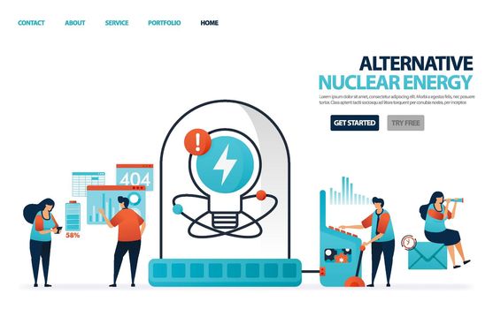 Nuclear alternative energy for electricity. Green energy for better future. Laboratory or lab for scientists to research data charging lithium battery. Human illustration for website, mobile, poster