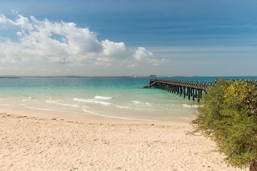 beautiful Zanzibar beach with pier in ocean