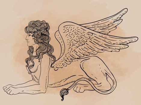 Sphinx, mythical creature with head of human, body of lion and wings. Victorian motif, tattoo design element. Vintage logo concept art. Isolated vector illustration