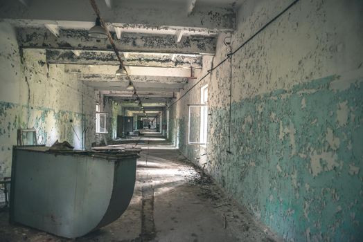 deserted technical room in mess in Pripyat