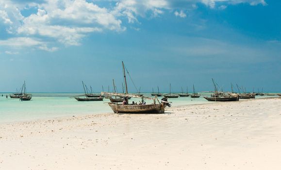 landscape with fishing boats on the shore, Zanzibar