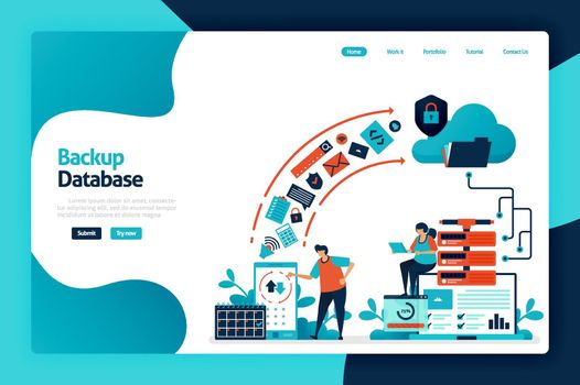 Backup database landing page design. secure personal data with internet backup services to cloud and server. data center and network system. vector illustration for poster, website, flyer, mobile app