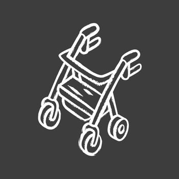 Rollator walker chalk icon. Mobility aid device for physically disabled people. Pensioner, elderly four wheel walker equipment. Rehab, intense recovery system. Isolated vector chalkboard illustration