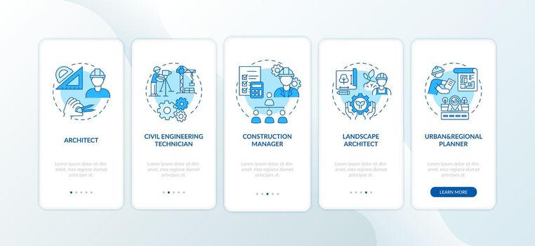 Civil engineering specialist blue onboarding mobile app page screen with concepts