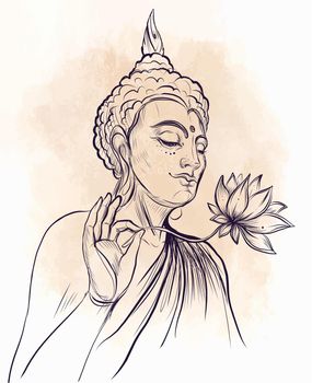 Buddha holding Lotus flower. Vector illustration isolated on white. Sketchy style,hand drawn. Vintage drawing. Indian, Buddhism, Spiritual motifs. Tattoo, yoga, spirituality.
