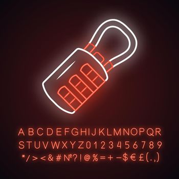 Combination, passcode hanging lock neon light icon. Luggage, baggage safety and theft protection item. Glowing sign with alphabet, numbers and symbols. Vector isolated illustration