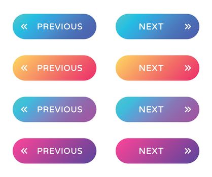 previous next web buttons set. filled ui web buttons in flat style. rounded vector buttons on trendy gradients with symbols for web and ui design