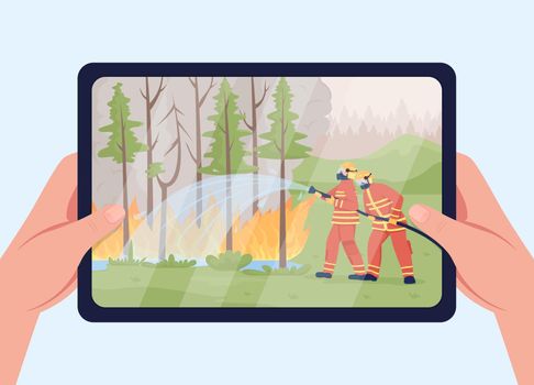 Extinguishing wildfire on tablet flat color vector illustration