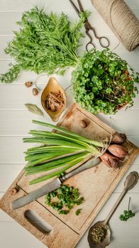 Green onion, dill on the cutting board, topshot