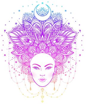 Tribal Fusion Boho Diva. Beautiful Asian divine girl with ornate crown, kokoshnik inspired. Bohemian goddess. Hand drawn elegant illustration.