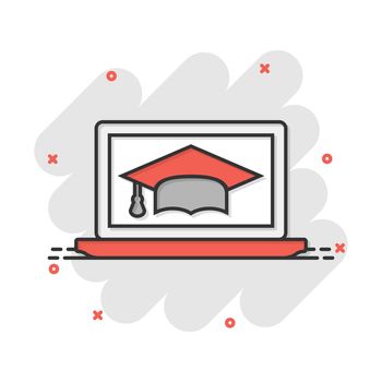 Elearning education icon in comic style. Study vector cartoon illustration pictogram. Laptop computer online training business concept splash effect.