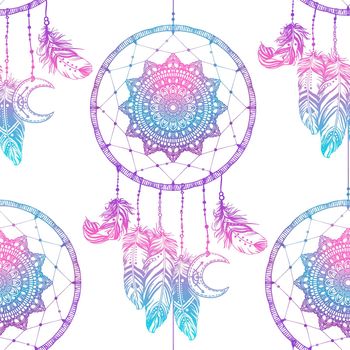 Hand drawn Native American Indian talisman dreamcatcher with feathers and moon. Seamless pattern. Vector hipster illustration. Ethnic design, boho chic, tribal symbol.