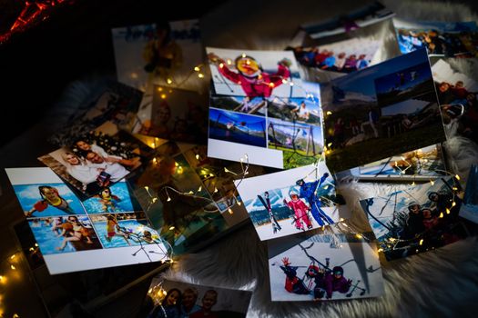 Photo album in remembrance and nostalgia in Christmas, winter season, on wood floor. photo of retro camera - vintage and retro style, top view