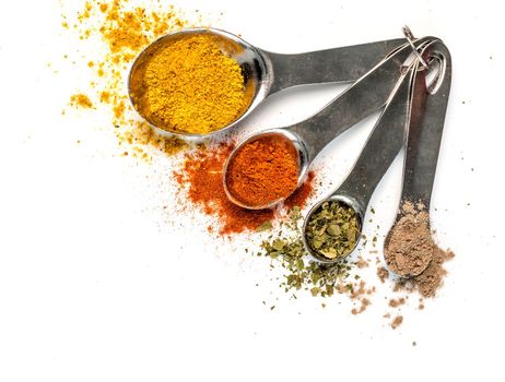 bright spices in measuring spoons