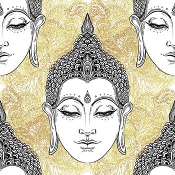 Buddha head seamless pattern. Vintage decorative composition. Indian, Buddhism, Spiritual esoteric , yoga, spirituality. Vector illustration.