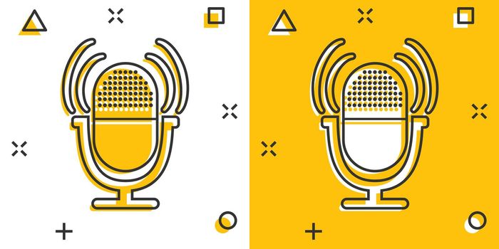 Cartoon microphone icon in comic style. Mic illustration pictogram. Mike sign splash business concept.