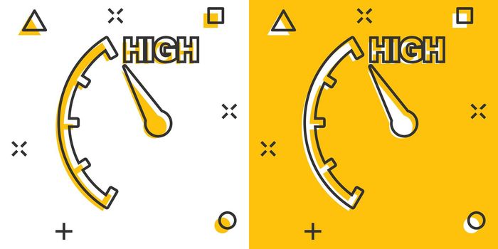 Cartoon high level icon in comic style. Speedometer, tachometer sign illustration pictogram. Risk meter splash business concept.