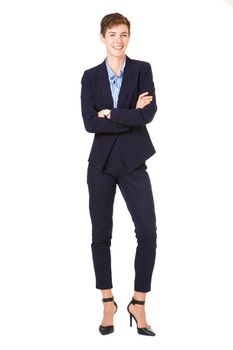 Full body businesswoman in formal suit isolated against white background