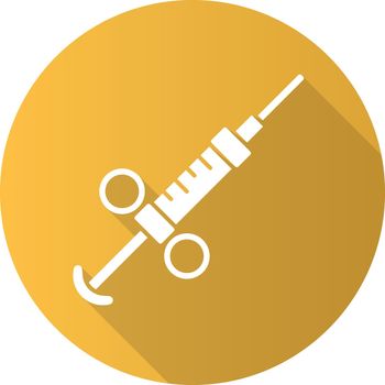 Adrenaline syringe flat design long shadow glyph icon. Game treatment, cure. Medical aid, injection for player. Game equipment, inventory. Drugs, insulin, immunization. Vector silhouette illustration