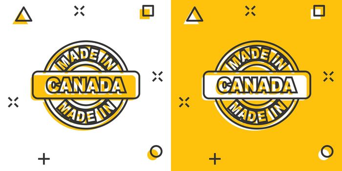 Cartoon made in Canada icon in comic style. Manufactured illustration pictogram. Produce sign splash business concept.