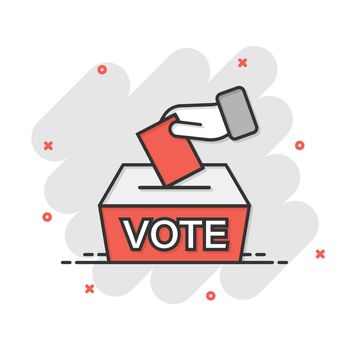 Vote icon in comic style. Ballot box cartoon vector illustration on white isolated background. Election splash effect business concept.