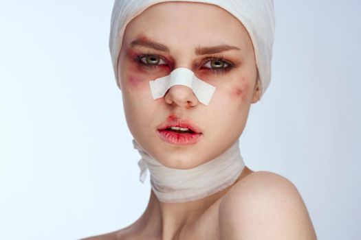 emotional woman facial injury health problems bruises pain isolated background