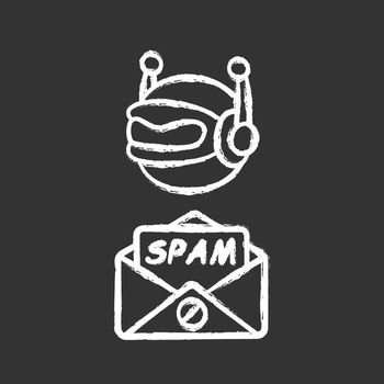 Spambot chalk icon. Virus advertisements, links. Spam bot, spammer. Malicious phishing sites. E-mail adresse collecting. Spam advertising software sending. Isolated vector chalkboard illustration