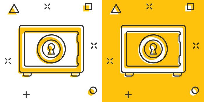 Vector cartoon money safe icon in comic style. Deposit money sign illustration pictogram. Protection business splash effect concept.