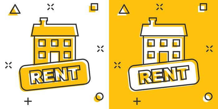 Vector cartoon rent house icon in comic style. Rent sign illustration pictogram. Rental business splash effect concept.