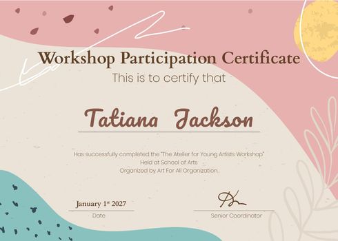 Workshop participation certificate template, creative pastel design vector