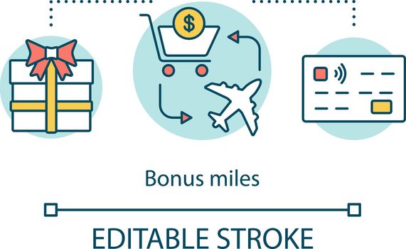 Bonus miles concept icon. Low cost flights idea thin line illustration. Discount tickets. Rewards airline credit card. Miles purchase. Aircraft travel. Vector isolated outline drawing. Editable stroke