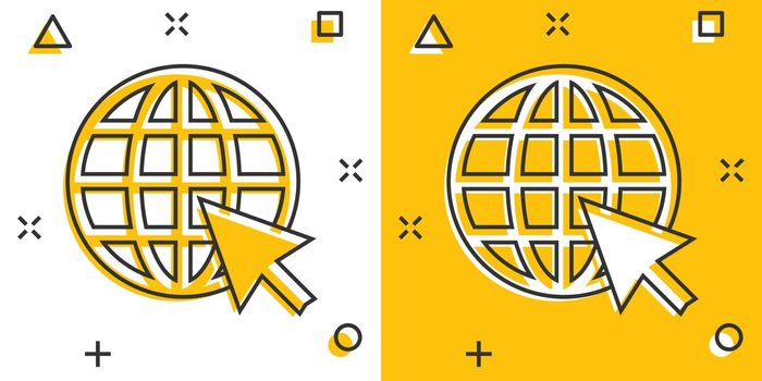 Vector cartoon go to web icon in comic style. Globe world sign illustration pictogram. WWW url business splash effect concept.