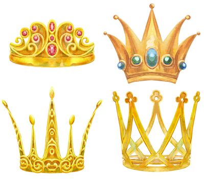 Set of gold crowns. Watercolor hand draw illustration on white background