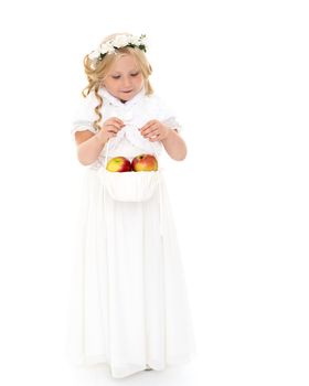 Little girl with a basket of apples.