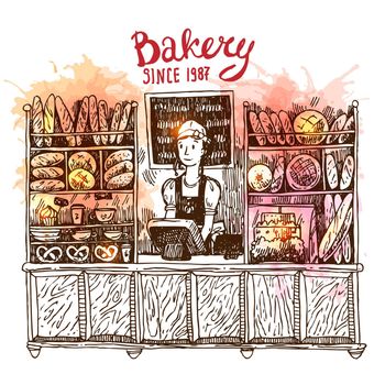 Hand drawn vector sketch interior of bakery shop.