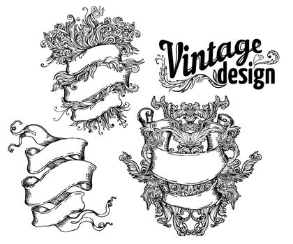 Vintage design elements set: Ribbons. Black outlines isolated on white.