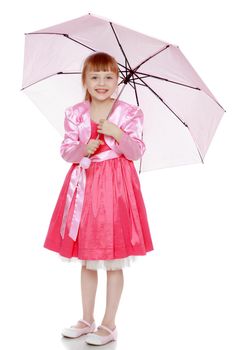 Little blond girl with a pink umbrella.