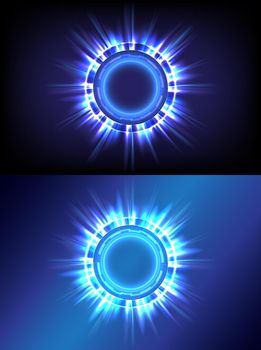 Technology glowing HUD circle. Light and sparking ring. Colorful tunnel. Bright border. Magic portal. Luminous and glint swirling. Vector illustrator. Digital Hi-tech and data engineer
