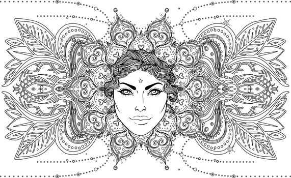 Tribal Fusion Boho Goddess. Beautiful divine diva girl with ornate crown, kokoshnik inspired. Bohemian goddess. Hand drawn elegant illustration. Lotus flower, ethnic art, paisley.